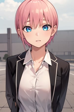 ichika nakano, short hair, bangs, blue eyes, hair between eyes, pink hair, best quality, high resolution, unity 8k wallpaper, (illustration:0.8), (beautiful detailed eyes:1.6), extremely detailed face, perfect lighting, extremely detailed CG, (perfect hands, perfect anatomy), only one person, busty, school uniform, big tits, big breasts, Tight clothes



