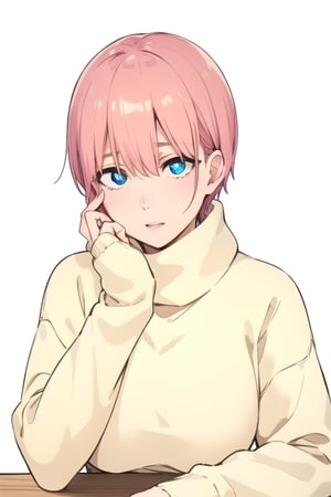 ichika nakano, short hair, bangs, blue eyes, hair between eyes, pink hair, best quality, high resolution, unity 8k wallpaper, (illustration:0.8), (beautiful detailed eyes:1.6), extremely detailed face, perfect lighting, extremely detailed CG, (perfect hands, perfect anatomy), only one person, busty, brown turtleneck sweater











