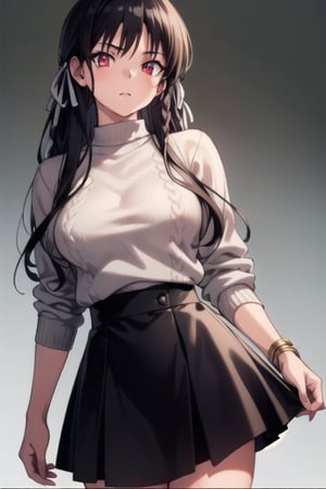 Suzune Horikita, long hair, black hair, (red eyes:1.3), hair ribbon, braid, BREAK , best quality, high resolution, unity 8k wallpaper, (beautiful detailed eyes:1.6), extremely detailed face, perfect lighting, extremely detailed CG, (perfect hands, perfect anatomy), busty, gray wool sweater, black skirt, 


