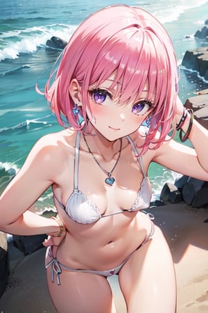 best quality, masterpiece, (realistic:1.2), 1 girl, detailed face, beautiful eyes, (She is wearing a bikini and having fun on the beach). She looks very happy playing on the beach. She accessorized with a medium, silver bracelet on her wrist. While playing, the girl was drawn in by the colorful and glittering scenery of the sea. She is wearing cute heart-shaped earrings and a matching necklace and smiling in the bright sun, (extremely detailed nipple), (spoken heart), (upturned eyes),((pov, from front, from above:1.3)), (leaning forward){{{{8k wallpaper}}}},
{{{{extremely detailed eyes}}}},
{{{{extremely detailed body}}}},
{{{{extremely detailed finger}}}},(((nsfw))), (((best quality))), ((official art)), (best anatomy), solo, 1girl, (kawaii), (five digits), (speculum), (4k), (high resolution), ((thin waist)),(nabel),(Beautiful breasts),(beautiful leg:1.3),(skinny leg),(beautiful hands:1.2),(teats),(very slim),(slender:1.3),(ribbed),(skinny limbs),(beautiful vagina:1.3),(beautidful eyes:1.1), (((Beautiful face:1.3))),(best quality:1.1), (masterpiece:1.4), (absurdres:1.0), portrait, close up,1girl, bob cut, medium hair ,pink hair, bob cut,purple eyes, ((((medium breasts)))), (blush:1.2), ((small hip)), medium hair, pink hair, disheveled hair,afterglow, (20 years old), be breathless,on bed,shamefaced, embarrassed, half-closed eye, looking away,