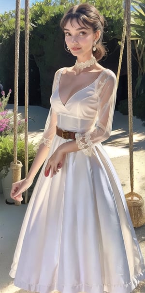 beautifull woman in a Church Dresses for Women Vintage Audrey Hepburn Style Tab Collar Swing Midi Dress 3/4 Puff Sleeve with Long Belt with white and brown hair,beach,penis,flaccid penis,transparent