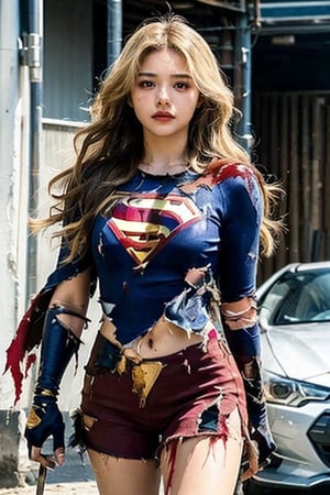 twicesana,photo of a 20 years old girl, best quality, real image, intricate detail, ultra detail, ultra resolution, depth field, (realistic, realistic: 1.2), masterpiece, photo 1girl, supergirl, injured, superhero, realistic,supergirl suit, torn clothes, red skirt, (dirty, bruised, blood: 1.3), brown eyes, blonde, long hair, serious, angry, solo, (exposed torn clothes, torn clothes: 1.3), ruined city background, best quality, realistic, realistic, (complex details: 1.2), (fine details), (cinematic light), clear lines, sharp focus, realistic face, detailed beautiful face, fly in the sky