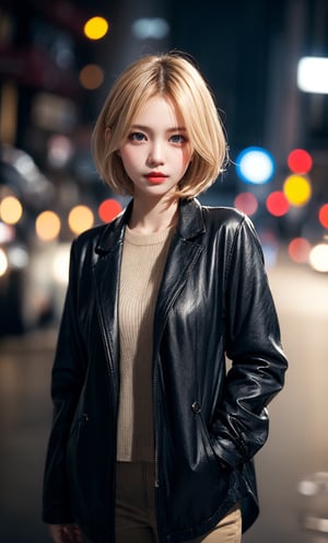 short layered hairstyle, super cute blond woman in a dark theme, bokeh, depth of field, urban, city, outdoors,