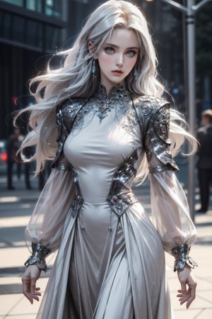 (masterpiece, best quality, official art), 1girl, fullbody view, solo focus, delicate face, stern expression, extremely detailed face and eyes, beautiful transparent white royalty dress, white hair, very long hair, bright green eyes, glowing eyes, futuristic setting, futuristic city, detailed background, abstract_background, daytime, walking towards viewer, heroic feeling