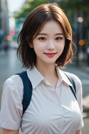 masterpiece, best quality, photorealistic, raw photo, 1girl,  short-hair, large breast, light smile, detailed skin, pore, depth of field, low key, dslr, (school_uniforms), (in city)