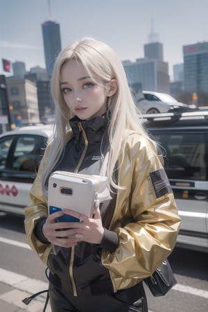 Blue eyes, gold, shiny, gold hair, high details, middle travel, perfect eyes, color magic, city techwear, moccaco, good witch, long hair, long hair