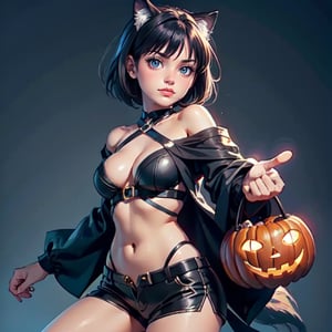 Masterpiece, Best Quality, 1girl, Big breasts,(((crazy smile))),short hair,
wolf girl, Cast 
halloween magic, 
halloween Summoning Array, [
halloween], dark fantasy halloween theme,
Off the shoulders, Navel exposed, pultra short hot pants,cowboy shot, looking at viewer.Dramatic action,powerful gestures,
gray simple background,YAMATO,cat,1boy,RiseliaRay