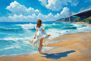 Vivid swirling brushstrokes, impressionist landscape, sea, waves, sandy beach, dynamic sky with clouds, Gwangan Bridge, Busan, bottom right, water drop dress, girl, Van Gogh style, oil painting, expressive movement, natural landscape