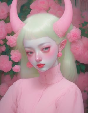 A whimsical portrait of an albino demon girl, framed by lush pink rose bushes, as she meanders through the castle's serene surroundings. Her striking green curls cascade down her back, while a pink turtleneck sweater and flowing tulle skirt billow behind her. A mischievous glint in her eye is heightened by the winking gesture and the subtle chewing of gum. Intricate long horns adorn her forehead, as she confidently struts along in her sleek sneakers, paired with vibrant socks. The soft focus and warm lighting evoke a sense of enchantment and playfulness.