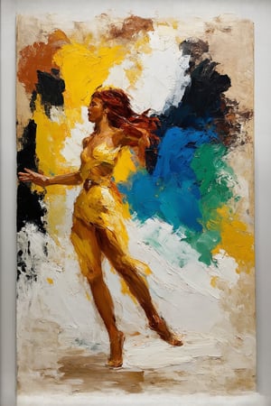 Vibrant brushstrokes in burnt sienna, cadmium yellow, ultramarine blue, sap green, white, and black dance across the canvas. A solitary figure stands out against an abstract backdrop of swirling colors, some forms blurring with the background. The composition balances color-filled areas with negative space, creating a dynamic visual experience. Framed within a subtle border of negative space, the subject's pose conveys movement and emotion, inviting the viewer to interpret and reflect on their own terms.