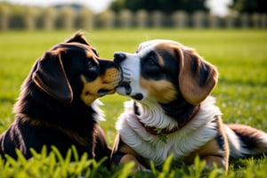 
background is grass,
baby dog, (they is kissing each other:1.3), one dogwas smile, another dogwas angry, one dogwas putted a vine into  another s mouth,