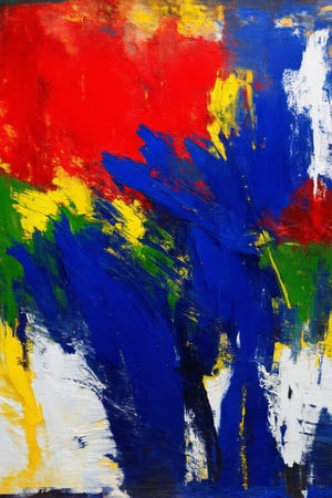 Bold brushstrokes, red and cadmium yellow collide with vibrant highlights that stand out against an abstract background of dynamic movement. Ultramarine shadows and sap green tones add depth, while white and black accents enhance contrast. Blending in with the background, it evokes movement and emotion in negative space, evoking introspection and personal reflection.