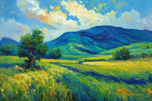 vivid swirling brushstrokes, impressionist landscape, vibrant colors, lush green trees, rolling blue hills, dynamic sky with clouds, Van Gogh style, oil painting, expressive movement, natural scenery