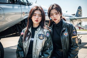 (masterpiece,best quality,ultra-detailed,8K,intricate, realistic,cinematic lighting),Generate AI art featuring a group of skilled and stylish female aviators in intricately detailed flight uniforms. 23yo,small face,Picture them standing by a vintage aircraft on a runway, exuding confidence and camaraderie. Emphasize the precision of their aviation attire, capturing the insignias, patches, and the distinctive details of their uniforms. Utilize a combination of vibrant colors and realistic detailing to bring to life the essence of female empowerment and teamwork in the world of aviation.kimtaeri