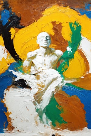 A bold, dynamic artwork featuring a solitary human figure amidst an abstract blend of burnt sienna, cadmium yellow, ultramarine blue, sap green, white, and black. Brushstrokes swirl together, forming intertwined shapes that merge with the background. The composition's balance between filled areas and negative space creates a powerful visual impact, evoking emotions and encouraging personal reflection.