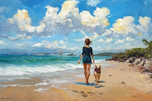 Vivid swirling brushstrokes, impressionist landscape, sea, waves, sandy beach, dynamic sky with clouds, Gwangan Bridge, Busan, girl running with dog in the distance, Van Gogh style, oil painting, expressive movement, nature landscape