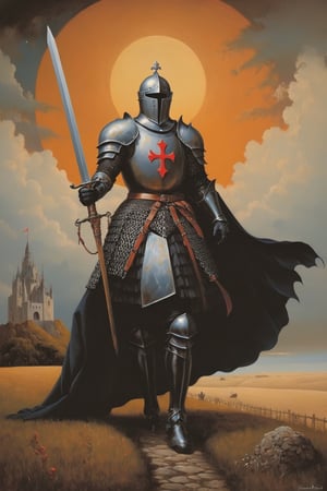 surrealism, Medieval mythology: legendary in medieval lore, the enigmatic Black Knight embodies mystery, formidable prowess, and a guardian's unwavering commitment in timeless tales.,DonMM4g1cXL ,aw0k euphoric style, in the style of esao andrews,esao andrews style
