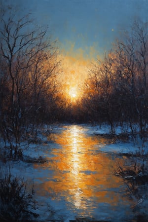 Winter Lake at Dusk: A blurry, distorted oil painting on canvas. The composition is off-center, with a deformed sunset looming over the frozen lake in Belarus. Ugly, poorly drawn trees stretch towards the sky like extra limbs, while the face of the lake itself appears warped and misshapen. Bright colors reflect Jeremy Mann's large stroke style, as bold brushstrokes evoke Konstantin Razumov's eerie auras. In the background, forest lights twinkle like stars on a clear night, illuminated by high-resolution rays in the manner of Pinot Daeni and Mats Tusenfot.