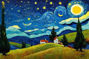 painting of a starry night, swirling stars and sky, bright yellow crescent moon, rolling hills, small village with a church, tall dark cypress trees, post-impressionist art style, inspired by van gogh