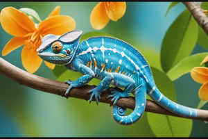 Chameleon sitting on tree branch, rainforest, , blooming flowers, fantasy, big information, bright yellow, pastel blue, pastel pink, ocean blue turquoise, bright orange, green, white dominant color palette, acrylic, photography, HD, 4k, Sharpness, Realistic, Ultra Wide, Wide Angle, Cinematic, Ambient Light, Bright Border, Edge Emphasis, Contrast, High Resolution, High Contrast, High Detail, High Texture, Surreal High Quality Model, Ultra High Quality, Golden Ratio, Pseudo Detail, pixiv fan box Trends, Acrylic Palette Knife, Studio Style Makoto Shinkai Ghibli Kenshin Impact James Gilead Gregg Rutkowski Chiho Aoshima, Watercolor, ArtStation Trends, Sharp Focus, Studio Photography, Intricate Details, Highly Detailed, Author: ChiliKiri, Mysterious