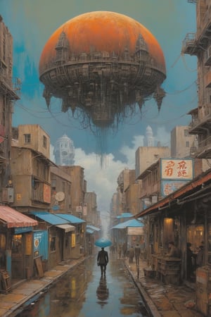 Cyborg looming over a sprawling cityscape, Akihiko Yoshida meets HP Lovecraft in this acrylic painting, cybernetic creature dripping squalor and eeriness, towering steampunk behemoth, capturing the bizarre maximalist traits and surreal elements as seen in works by Daniel Merriam, Nikolina Petolas, and Peter Gric, the haunting vibes akin to Beksinski and Giger invade the urban landscape, the piece trending on Artstation with its ultra-clear