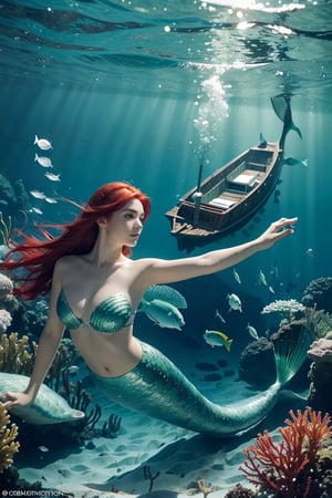 mermaid holding boat, underwater scene, red hair, green fish scales, calm ocean, marine life, seaweed, fish swimming, whimsical, fantasy art, surreal, serene expression, clear water, ship on hand, light green water, ethereal beauty