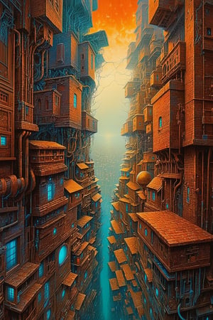 a detailed drawing by MC Escher, shutterstock contest winner, abstract illusionism, ray tracing, ambient occlusion, surrealist, 
Cyborg looming over a sprawling cityscape, Akihiko Yoshida meets HP Lovecraft in this acrylic painting, cybernetic creature dripping squalor and eeriness, towering steampunk behemoth, capturing the bizarre maximalist traits and surreal elements as seen in works by Daniel Merriam, Nikolina Petolas, and Peter Gric, the haunting vibes akin to Beksinski and Giger invade the urban landscape, the piece trending on Artstation with its ultra-clear,aw0k euphoric style