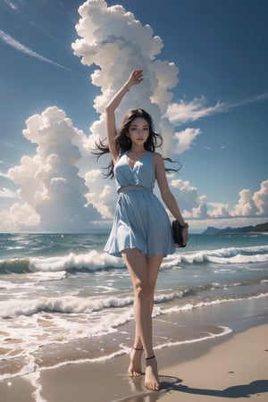 Girl stands tall on the sun-kissed beach, electric guitar slung low, dramatic clouds towering above, and a brilliant blue sky stretching out like an endless canvas. The coastal scene unfolds with serene atmosphere, natural colors shining bright. She's dressed to impress in stylish outfit, exuding vintage vibes as she gazes out at the scenic background. Her contemplative mood is palpable, lost in thought as the waves gently caress the shore. Capture this breathtaking moment in ultra-high res (photorealistic:1.4), a true masterpiece.