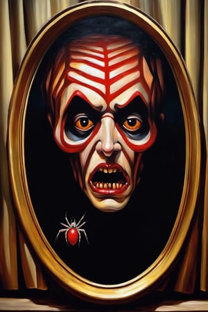 Horror with a spider with a human face, high definition, masterpiece, oil painting, Bezinski style


