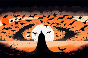 ((The Emperor of Darkness comes down from the sky)). Lovecraft style, Flocks of flying crows, corpses emerging from the ground, Tenebrism, strange, multi-toned orange and black gradient tumultuous sky, dark core, moderately controlled chaos, ghost core, Nicholas Samori