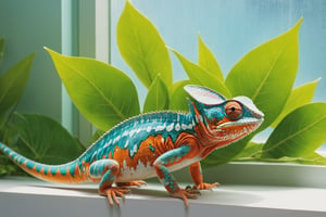 Chameleon sitting on window sill, cool green leaves, blooming flowers, fantasy, big details, bright yellow, pastel blue, pastel pink, ocean blue turquoise, bright orange, green, white dominant color palette, acrylic, photography, HD, 4k, Sharpness, Realistic, Ultra Wide, Wide Angle, Cinematic, Ambient Light, Bright Border, Edge Emphasis, Contrast, High Resolution, High Contrast, High Detail, High Texture, Surreal High Quality Model, Ultra High Quality, Golden Ratio, Pseudo Detail, pixiv fan box Trends, Acrylic Palette Knife, Studio Style Makoto Shinkai Ghibli Kenshin Impact James Gilead Gregg Rutkowski Chiho Aoshima, Watercolor, ArtStation Trends, Sharp Focus, Studio Photography, Intricate Details, Highly Detailed, Author: ChiliKiri, Mysterious