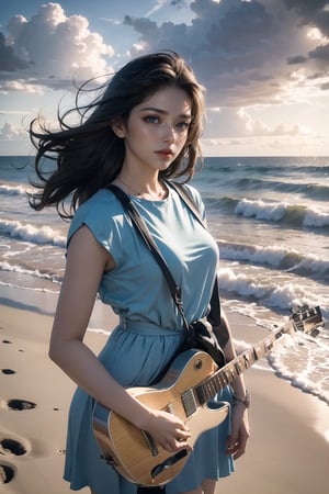 A young woman stands alone on a sun-kissed beach, electric guitar slung low, as dramatic clouds drift lazily across the brilliant blue sky. The serene coastal scene unfolds before her, with natural hues of sand and sea blending seamlessly. She wears a stylish outfit infused with vintage vibes, her contemplative mood reflected in the scenic background's subtle nuances. (Photorealistic: 1.4)