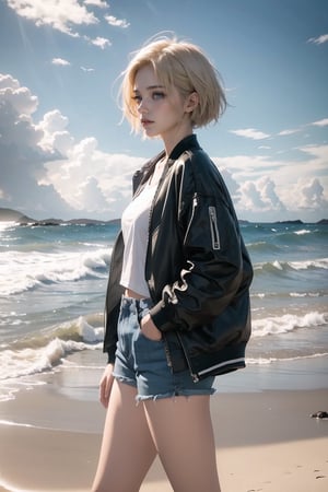girl standing on a beach with electric guitar, dramatic clouds, blue sky, coastal scene, serene atmosphere, natural colors, stylish outfit, vintage vibes, scenic background, contemplative mood, Best quality, masterpiece, ultra high res, (photorealistic:1.4), raw photo, korea girl 22 year old, blond sleek pixie shorts hair style, wearing oversize black jacket bomber m1, shorts bluejeans, white sneaker, 