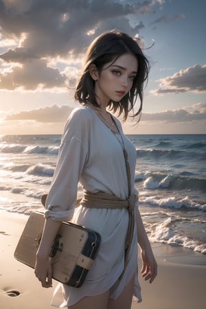 A young girl stands poised on the sun-kissed beach, electric guitar at the ready, as dramatic clouds gather above a brilliant blue sky. The serene coastal scene unfolds before her, with natural hues of sand and sea blending seamlessly. Her stylish outfit exudes vintage charm, while the scenic background features rugged dunes and weathered driftwood. The contemplative mood is palpable as she gazes out at the horizon, lost in thought. Masterpiece-quality rendering captures every detail in ultra-high resolution (photorealistic: 1.4), transporting viewers to a tranquil haven.