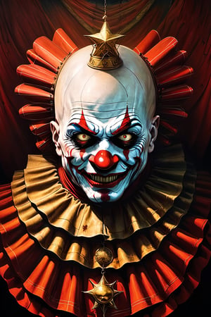 Within a desolate and decaying circus tent, the faded remnants of joy now corrupted by the terrifying aura of the bald clown.
The bald clown stands ominously, its features warped into a grotesque parody, sending shivers down the spine of any unfortunate observer.

In a world where the circus is a macabre theater of horrors, the bald clown becomes the twisted star of this surreal and chilling spectacle.

The circus tent is tattered and worn, with eerie shadows dancing across the cracked and faded surfaces, amplifying the nightmarish atmosphere.

Harsh and surreal lighting casts deep shadows, accentuating the eerie features of the bald clown, creating a scene that blurs the line between nightmare and reality.

 Drawing inspiration from the macabre brilliance of Zdzisław Beksiński, renowned for his surreal and disturbing artworks.

Executed as an oil painting, the details of the bald clown are meticulously rendered, capturing the horror in every stroke, reminiscent of Beksiński's nightmarish visions.

Utilizing traditional oil painting techniques to bring out the texture and depth in the grotesque portrayal.

A high-definition masterpiece, showcasing the horror in vivid detail, immersing the viewer in the unsettling world of the distorted circus.

Dark and desaturated tones dominate, with sporadic bursts of sickly greens and unsettling purples, enhancing the nightmarish ambiance.

None, relying solely on the artist's hand to convey the terror through traditional artistic methods.
A top-tier artwork with an emphasis on realism and the ability to evoke visceral fear.
Cinematic oil painting still, intense chiaroscuro lighting within a decaying circus tent, close-up of the bald clown's distorted features, Zdzisław Beksiński-inspired masterpiece, high definition, detailed texture, dark and surreal color palette, traditional art medium, capturing the horrifying realism.