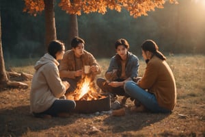 a group of people sitting around a campfire, a stock photo by An Gyeon, trending on shutterstock, regionalism, movie still, stockphoto, stock photo, A gathering around a campfire captured through the lens of a vintage 50mm, reminiscent of a Shutterstock trend. Drawing inspiration from Ankyun's stock photos, the scene is infused with regional pride, resembling a cinematic still. Warm color temperature enhances facial expressions, and soft lighting adds a nostalgic atmosphere. --v 5 --stylize 1000

