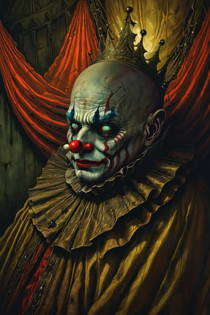 Within a desolate and decaying circus tent, the faded remnants of joy now corrupted by the terrifying aura of the bald clown.
The bald clown stands ominously, its features warped into a grotesque parody, sending shivers down the spine of any unfortunate observer.

In a world where the circus is a macabre theater of horrors, the bald clown becomes the twisted star of this surreal and chilling spectacle.

The circus tent is tattered and worn, with eerie shadows dancing across the cracked and faded surfaces, amplifying the nightmarish atmosphere.

Harsh and surreal lighting casts deep shadows, accentuating the eerie features of the bald clown, creating a scene that blurs the line between nightmare and reality.

 Drawing inspiration from the macabre brilliance of Zdzisław Beksiński, renowned for his surreal and disturbing artworks.

Executed as an oil painting, the details of the bald clown are meticulously rendered, capturing the horror in every stroke, reminiscent of Beksiński's nightmarish visions.

Utilizing traditional oil painting techniques to bring out the texture and depth in the grotesque portrayal.

A high-definition masterpiece, showcasing the horror in vivid detail, immersing the viewer in the unsettling world of the distorted circus.

Dark and desaturated tones dominate, with sporadic bursts of sickly greens and unsettling purples, enhancing the nightmarish ambiance.

None, relying solely on the artist's hand to convey the terror through traditional artistic methods.
A top-tier artwork with an emphasis on realism and the ability to evoke visceral fear.
Cinematic oil painting still, intense chiaroscuro lighting within a decaying circus tent, close-up of the bald clown's distorted features, Zdzisław Beksiński-inspired masterpiece, high definition, detailed texture, dark and surreal color palette, traditional art medium, capturing the horrifying realism.