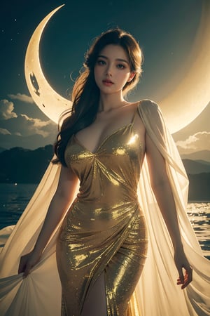 A sultry siren posed beneath a glowing crescent moon, surrounded by a halo of soft, golden light. Her elegant figure, draped in a luxurious, vintage-inspired gown, appears to be suspended in mid-air, as if defying gravity's pull. The surreal composition, with its subtle blend of reality and fantasy, transports the viewer to a dreamlike realm. A retro-themed backdrop, replete with ornate architecture and lush foliage, adds to the overall sense of mystique and glamour.