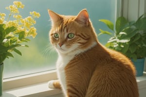 Anime style by Makoto Shinkai studio, close-up of cat sitting on the window sill, cool green foliage, blooming flowers, fantasy, big information, bright yellow, pastel blue, pastel pink, ocean blue teal, bright orange, green, white dominant color palette, acrylic, photography, HD, 4k, clarity, realistic, Ultra wide, wide angle, Cinematic, Ambient light, Light borders, Edge highlighting, chiaroscuro, high resolution, high contrast ratio, high detail, high texture, hyper-realistic high quality models, ultra high quality, golden ratio, pseudo details, pixiv fan box trending, acrylic palette knife, studio style makoto shinkai ghibli genshin impact james gilleard greg rutkowski chiho aoshima, Watercolor, trending on artstation, sharp focus, studio photo, intricate detail, very details, by ChiliKiri, Mysterious