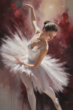 A majestic ballerina stands poised in a sweeping arc, her pure white tutu and gleaming pointe shoes a vision of elegance against the rich burgundy background. Brushstrokes bold and expressive, heavy impasto textures add depth to the scene as soft light dances across her form. Chiaroscuro accentuates every contour, highlighting the dancer's powerful physique. Ivory accents on the background subtly draw attention back to the ballerina, where our gaze lingers on the fluidity of her movement, captured with exquisite detail.