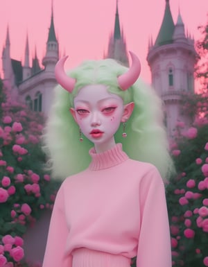 albino demon girl standing with ( green curls hair:1.3) , walking through pink rose bushes and castle in the distance, pink turtleneck sweater with (tulle skirt:1.2), braces, chewing gum , winking ,(long intricate horns:1.2) , sneakers with socks, 