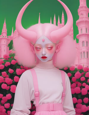 albino demon girl standing with ( green curls hair:1.3) , walking through pink rose bushes and castle in the distance, pink turtleneck sweater with (tulle skirt:1.2), braces, chewing gum , winking ,(long intricate horns:1.2) , sneakers with socks, 