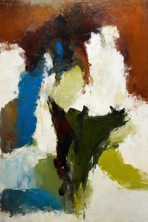 Dynamic, bold brushstrokes and accents of burnt sienna (a warm maroon, versatile and rich), cadmium yellow (vibrant highlights), ultramarine blue (depth and shadows) and sap green (a deep earthy green), as well as white and black. The composition prominently features a solitary human figure clearly defined within abstract elements, with some of the forms intertwined with the abstract background. The painting balances filled areas of color with negative space to create a powerful visual and emotional impact. The abstract background blends perfectly with the forms, evoking movement and emotion and encouraging personal interpretation and reflection.