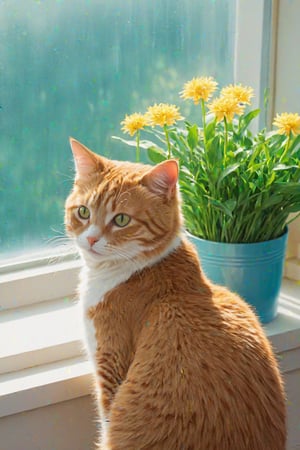 Anime style by Makoto Shinkai studio, close-up of cat sitting on the window sill, cool green foliage, blooming flowers, fantasy, big information, bright yellow, pastel blue, pastel pink, ocean blue teal, bright orange, green, white dominant color palette, acrylic, photography, HD, 4k, clarity, realistic, Ultra wide, wide angle, Cinematic, Ambient light, Light borders, Edge highlighting, chiaroscuro, high resolution, high contrast ratio, high detail, high texture, hyper-realistic high quality models, ultra high quality, golden ratio, pseudo details, pixiv fan box trending, acrylic palette knife, studio style makoto shinkai ghibli genshin impact james gilleard greg rutkowski chiho aoshima, Watercolor, trending on artstation, sharp focus, studio photo, intricate detail, very details, by ChiliKiri, Mysterious