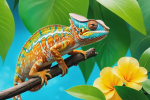 Chameleon sitting on tree branch, hunting with tongue out, rainforest, , blooming flower, fantasy, big information, bright yellow, pastel blue, pastel pink, ocean blue turquoise, bright orange, green, white dominant color palette, acrylic, Photo, HD, 4k, sharpness, realistic, ultra wide, wide angle, cinematic, ambient light, bright border, edge highlight, contrast, high resolution, high contrast, high detail, high texture, surreal high quality model, ultra high quality, golden ratio, pseudo detail, pixiv fan box trend, acrylic palette knife, studio style makoto shinkai ghibli genshin impact james gilead greg rutkowski chiho aoshima, watercolor, artstation trend, sharp focus, studio photography, intricate detail, ultra detail, author: ChiliKiri, Mysterious