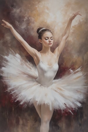 "Create a fine art classic oil painting of a graceful ballerina in an elegant pose, wearing a pure white tutu and pointe shoes. The painting should feature prominent, visible brush strokes, heavy impasto textures, and a soft, dreamy quality. Use rich, deep colors and chiaroscuro to enhance the painterly effect, making the image appear as if it was created with traditional oil painting techniques. The dancer's form is captured with exquisite detail, showcasing the fluidity and strength of her movements. The background is a rich burgundy with soft ivory accents, emphasizing the ballerina as the focal point. Lighting is soft yet dramatic, highlighting the contours and muscle definition of the dancer's body. The overall composition is minimalist, focusing on the beauty and poise of the ballet pose. "