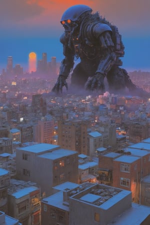 Cyborg looming over a sprawling cityscape, Akihiko Yoshida meets HP Lovecraft in this acrylic painting, cybernetic creature dripping squalor and eeriness, towering steampunk behemoth, capturing the bizarre maximalist traits and surreal elements as seen in works by Daniel Merriam, Nikolina Petolas, and Peter Gric, the haunting vibes akin to Beksinski and Giger invade the urban landscape, the piece trending on Artstation with its ultra-clear,aw0k euphoric style