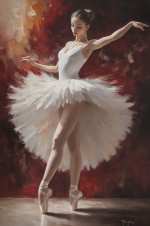 A sumptuous oil painting depicts a statuesque ballerina poised in elegance, her pure white tutu and pointe shoes gleaming against the rich burgundy background adorned with soft ivory accents. Brushstrokes are prominent, imbuing the piece with heavy impasto textures and a dreamy quality. Deep colors and chiaroscuro enhance the painterly effect, as if crafted by traditional techniques. The dancer's form is meticulously rendered, showcasing her fluid movements and strength. Soft lighting accentuates her contours and muscle definition, while the minimalist composition focuses on her beauty and poise.