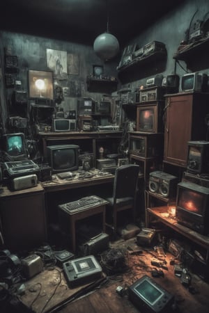 A cluttered, poorly lit room, a dark and eerie atmosphere, old electronics and screens, scary ghostly figures from television, including horror scenes straight out of supernatural movies.

