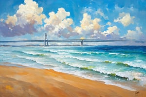 Vivid swirling brushstrokes, impressionist landscape, sea, waves, sandy beach, dynamic sky with clouds, Gwangan Bridge, Busan, Van Gogh style, oil painting, expressive movement, nature landscape